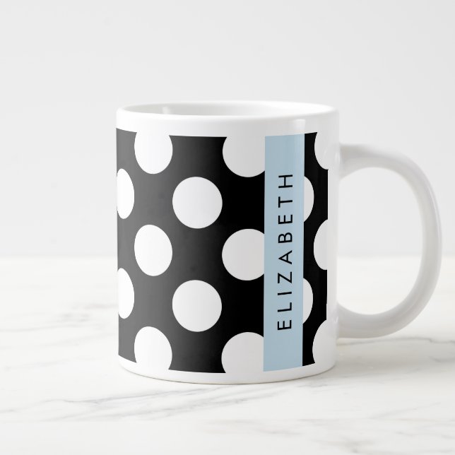 Black and White Polka Dots, Dotted, Your Name Large Coffee Mug (Right)