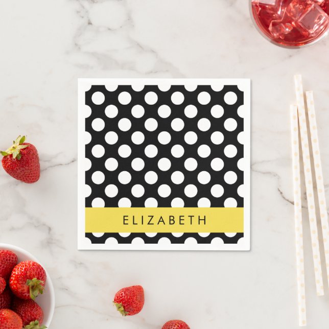 Black and White Polka Dots, Dotted, Your Name Napkin (Insitu)