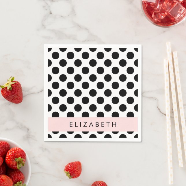 Black and White Polka Dots, Dotted, Your Name Napkin (Insitu)