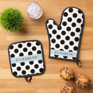 Black and White Polka Dots, Dotted, Your Name Oven Mitt & Pot Holder Set