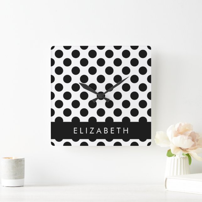 Black and White Polka Dots, Dotted, Your Name Square Wall Clock (Home)