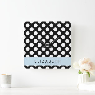 Black and White Polka Dots, Dotted, Your Name Square Wall Clock