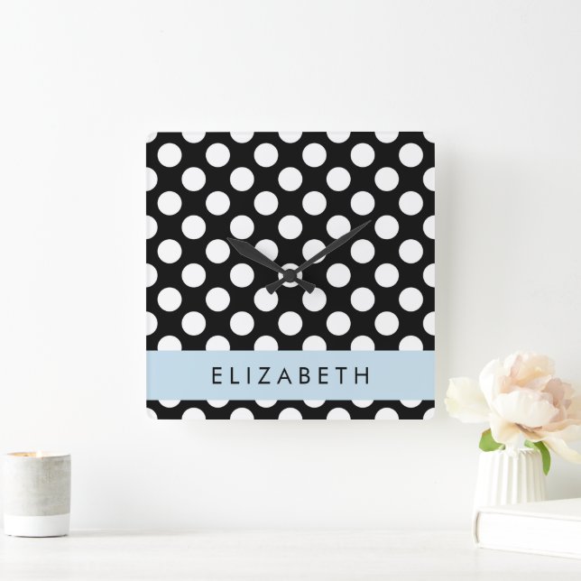 Black and White Polka Dots, Dotted, Your Name Square Wall Clock (Home)