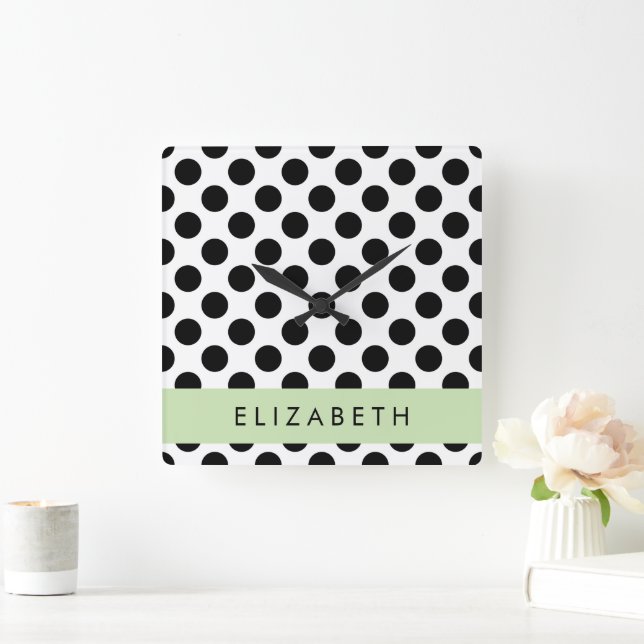 Black and White Polka Dots, Dotted, Your Name Square Wall Clock (Home)