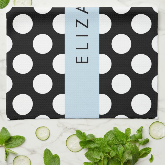 Black and White Polka Dots, Dotted, Your Name Tea Towel (Folded)