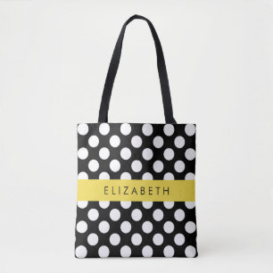 Black and White Polka Dots, Dotted, Your Name Tote Bag