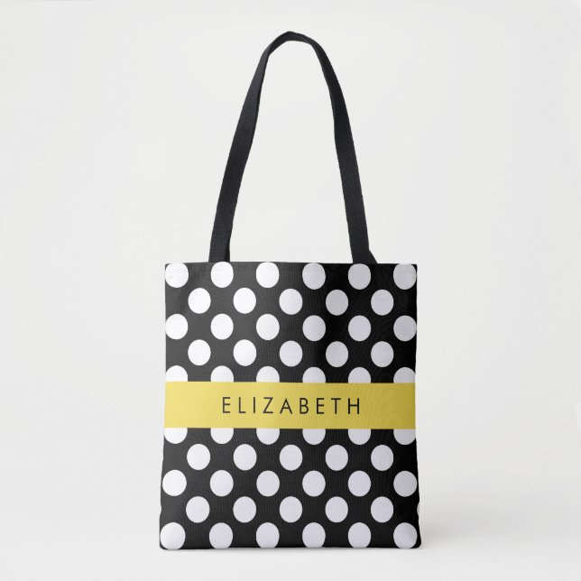 Black and White Polka Dots, Dotted, Your Name Tote Bag (Front)