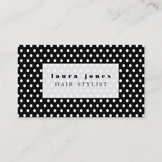 Black and White Polka Dots Hair Stylist Template Business Card (Front)