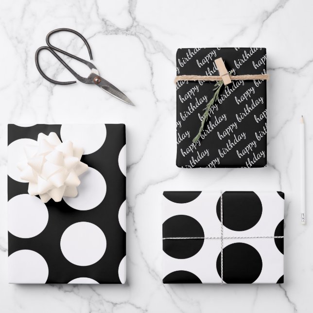 Black and White Polka Dots Happy Birthday Wrapping Paper Sheet (Front)