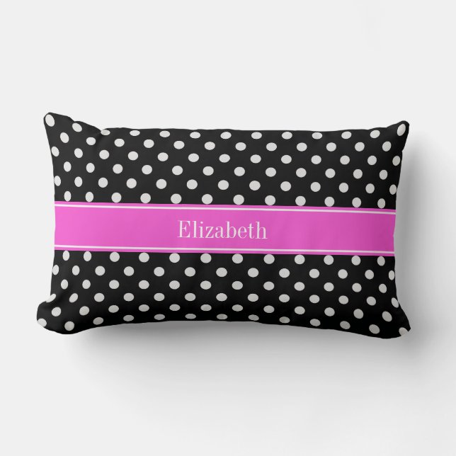 Black and White Polka Dots Hot Pink Name Monogram Lumbar Cushion (Front)