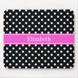 Black and White Polka Dots Hot Pink Name Monogram Mouse Mat