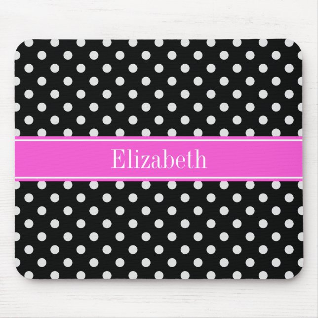 Black and White Polka Dots Hot Pink Name Monogram Mouse Mat (Front)