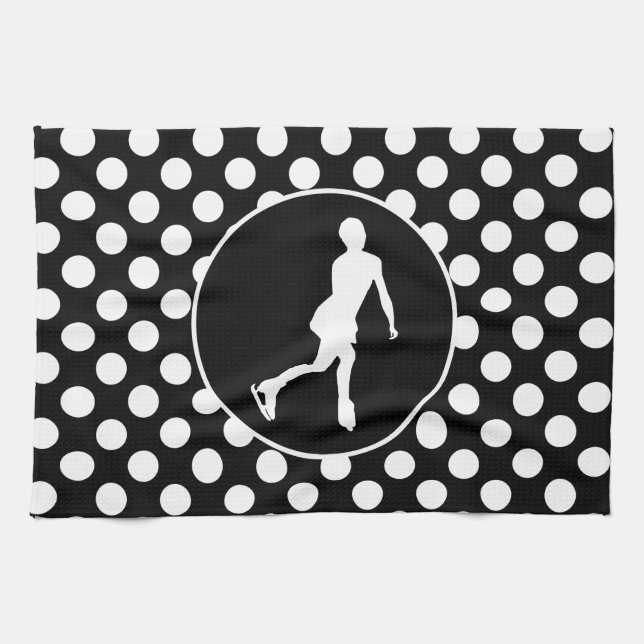 Black and White Polka Dots; Ice Figure Skating Tea Towel (Horizontal)