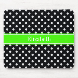 Black and White Polka Dots Lime Name Monogram Mouse Mat