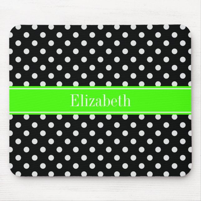 Black and White Polka Dots Lime Name Monogram Mouse Mat (Front)
