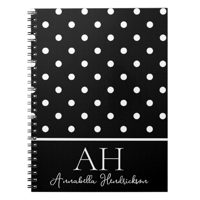 Black and White Polka Dots Monogram Initial Notebook (Front)
