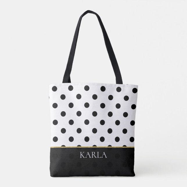 Black And White Polka Dots Pattern Monogram Tote Bag (Back)