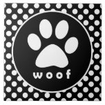 Black and White Polka Dots; Paw Print Tile<br><div class="desc">You will love this cute "woof" dog paw print & Black and White Polka Dots  pattern design!  We invite you to our store,  PetWorld,  to view this cool pattern on many more great customisable pet products,  including girly birthday cards,  modern kids invitations,  and trendy postcard kid's party invitations!</div>