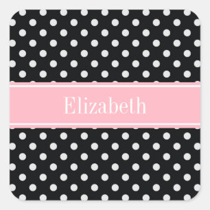 Black and White Polka Dots Pink Name Monogram Square Sticker