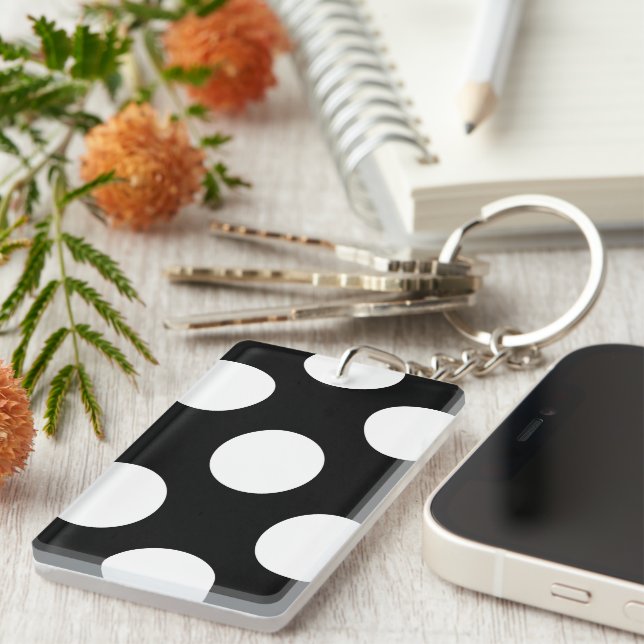Black and White Polka Dots, Polka Dot Pattern Key Ring (Front Right)