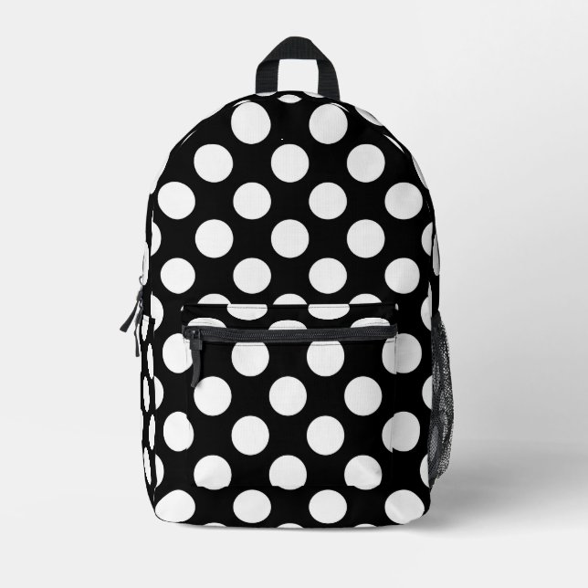 Black and White Polka Dots, Polka Dot Pattern Printed Backpack (Front)