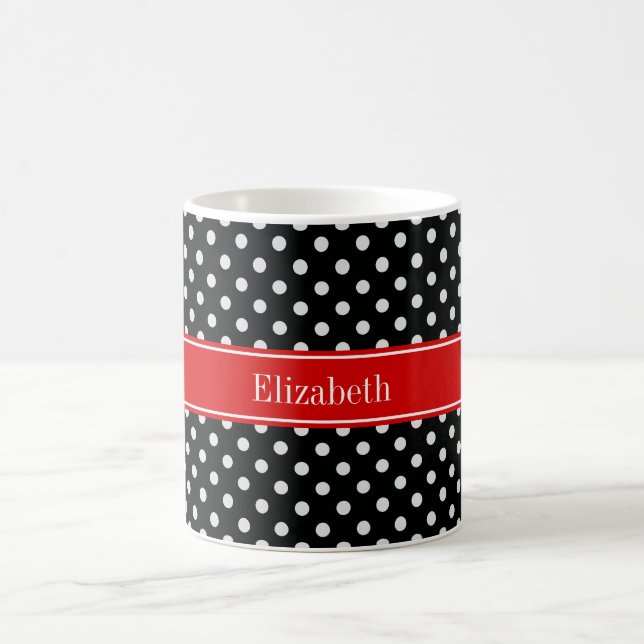 Black and White Polka Dots Red Name Monogram Coffee Mug (Center)