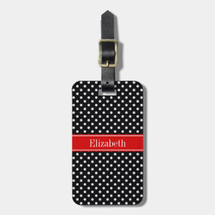 Black and White Polka Dots Red Name Monogram Luggage Tag