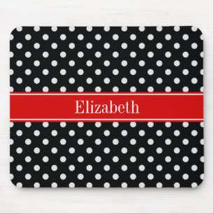Black and White Polka Dots Red Name Monogram Mouse Mat