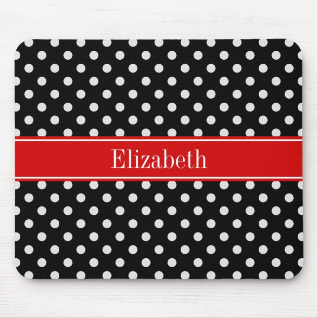 Black and White Polka Dots Red Name Monogram Mouse Mat (Front)