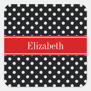 Black and White Polka Dots Red Name Monogram Square Sticker