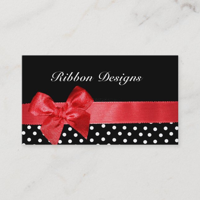 Black and white polka dots & red ribbon graphic business card (Front)