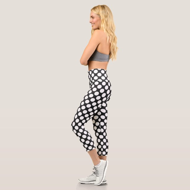 Black and White Polka Dots Retro Modern Abstract Capri Leggings (Left)