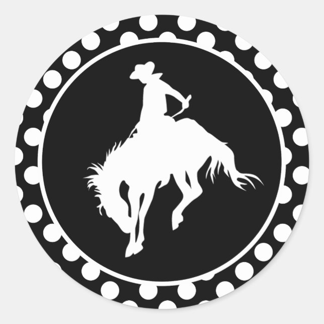 Black and White Polka Dots; Rodeo Cowboy Classic Round Sticker (Front)