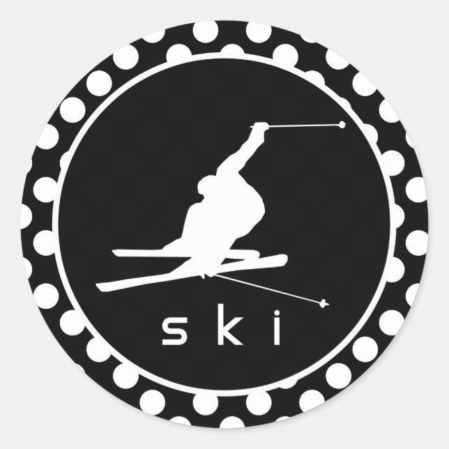 Black and White Polka Dots; Snow Ski Classic Round Sticker (Front)