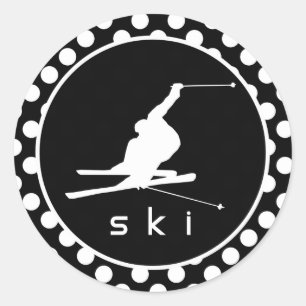 Black and White Polka Dots; Snow Ski Classic Round Sticker