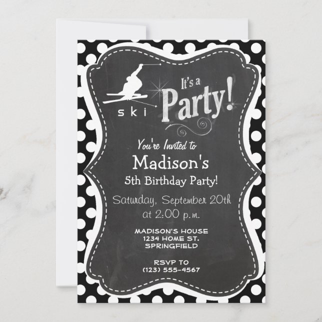 Black and White Polka Dots; Snow Ski Invitation (Front)