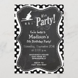 Black and White Polka Dots; Snow Ski Invitation