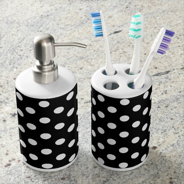 Black and White Polka Dots Soap Dispenser And Toothbrush Holder (Front)