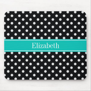 Black and White Polka Dots Teal Name Monogram Mouse Mat