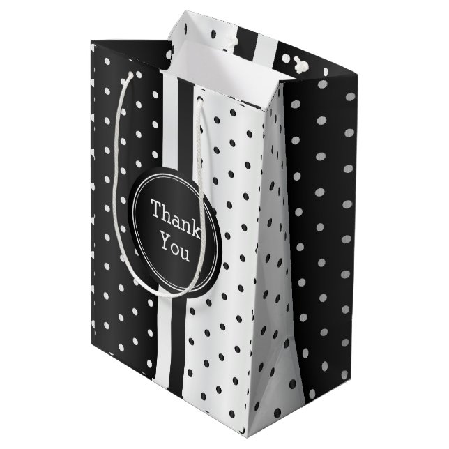 Black and White Polka Dots -Thank You Medium Gift Bag (Back Angled)