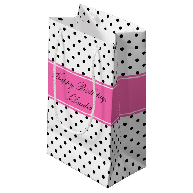 Black and White Polka Dots with Hot Pink Birthday Small Gift Bag (Front Angled)