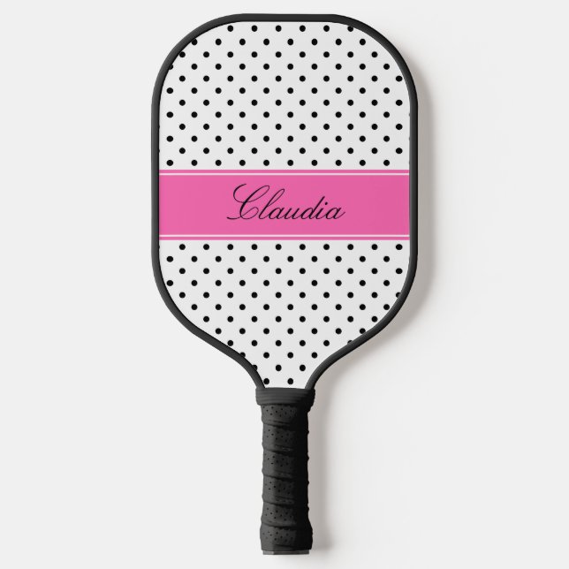 Black and White Polka Dots with Hot Pink Pickleball Paddle (Front)