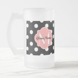 Black and White Polka Dots with Pink Monogram Frosted Glass Beer Mug