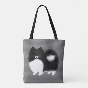 Black and White Pomeranian Cartoon Dog Tote Bag