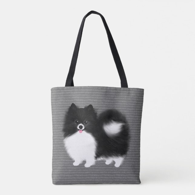 Black and White Pomeranian Cartoon Dog Tote Bag (Back)