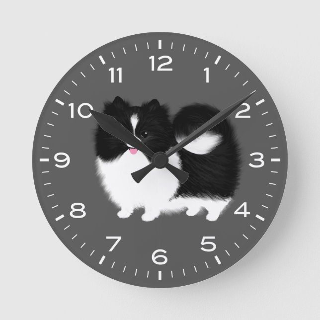 Black and White Pomeranian Parti Pom Round Clock (Front)