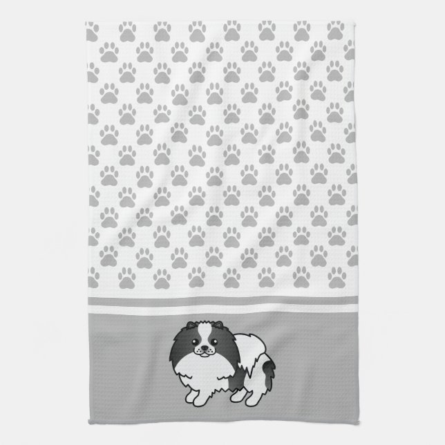 Black And White Pomeranian With Grey Paws Pattern Tea Towel (Vertical)
