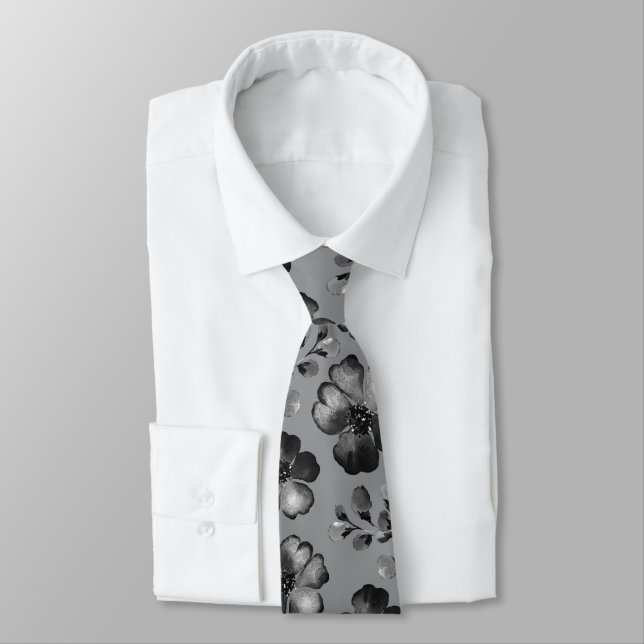Black And White Poppy Greenery Mid Gray Wedding Tie (Tied)