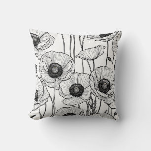 Black and white poppy line art cushion