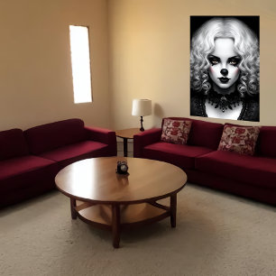 black and white portrait Female Clown AI Art Poster